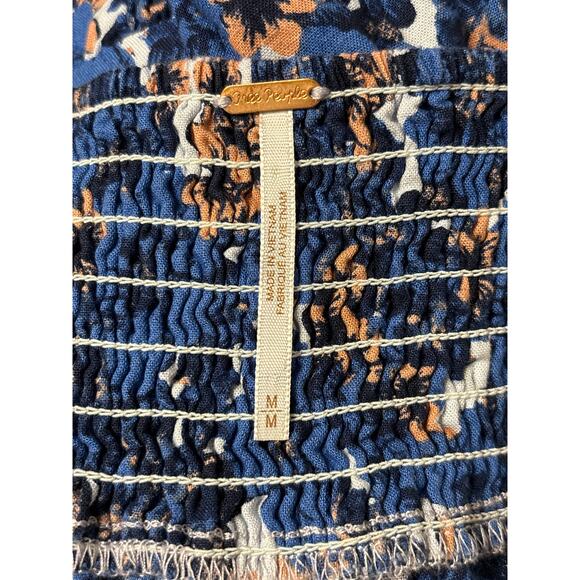 Free People Pattern Play Mini Dress Blue Size M Smocked Short Sleeves Feminine - Picture 5 of 7